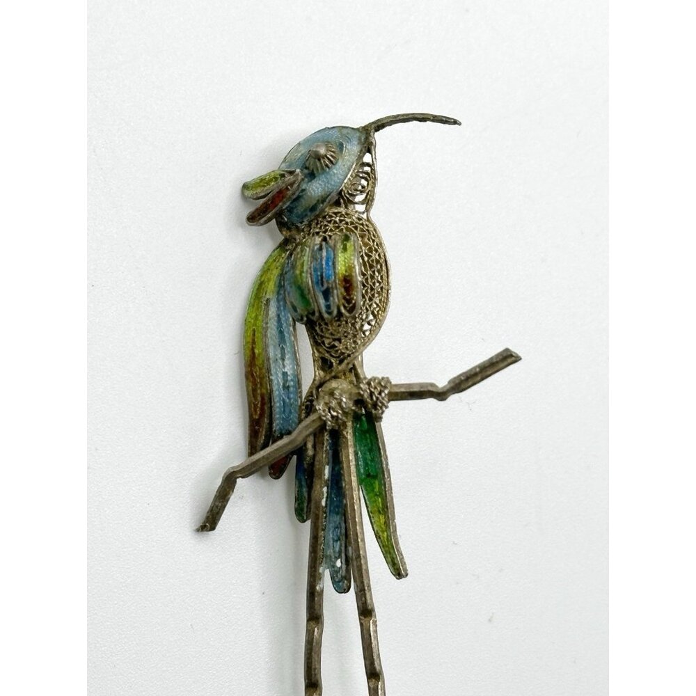 Enameled 800 Silver Filigree Bird Parrot‎ Pin Brooch